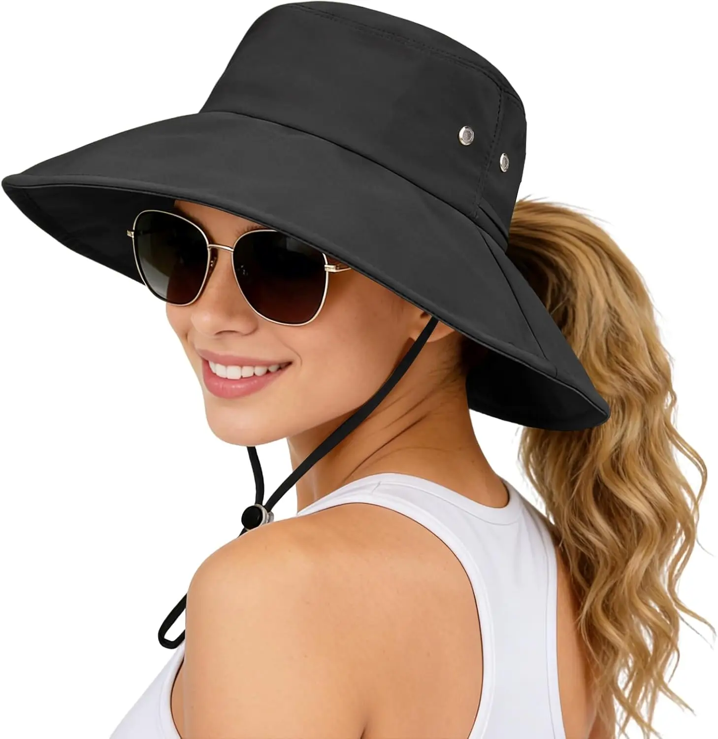 Sun Hats for Women Wide Brim Bucket Hat Ponytail, Fishing Hat Packable for Beach Gardening with Fold-Up Brim