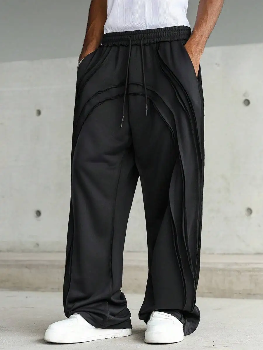 Mens Loose Wide Leg Sweatpants With Distressed Details Elastic Waist Drawstring Street Style Casual Pants