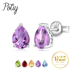 Potiy Natural Pear 1.58ct Sky Blue Topaz Garnet Peridot Amethyst Citrine Stud Earrings 925 Sterling Silver Women Birthstones