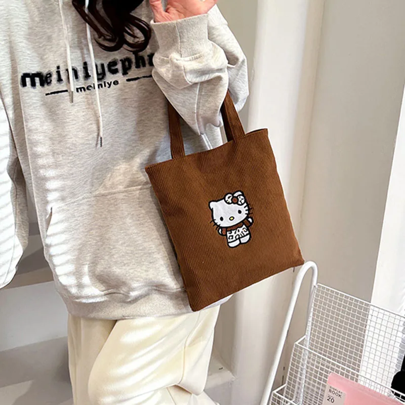 Kawaii Hello Kitty Brown Shoulder Bag Anime Cat Embroidery Girls Handbag High-Capacity Corduroy Messenger Bags Sanrio Item Gifts