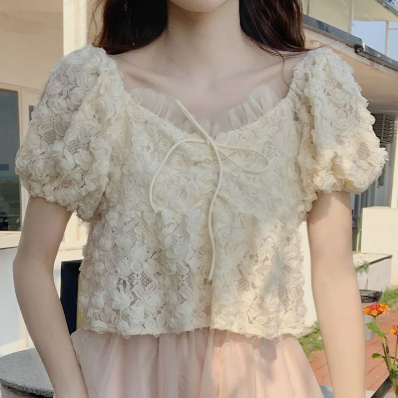 Short Puff Sleeve Blouses for Women Bow Solid Design Crop Tops Sweet Korean Style Fashion Chic Girlish All-match Summer Daily