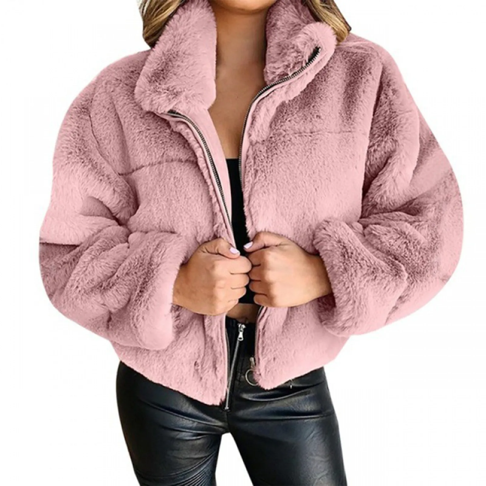 Cappotto corto in finto autunno e inverno Cappotto cardigan con zip con risvolto peloso alla moda Cappotto caldo in peluche spesso Capispalla da donna