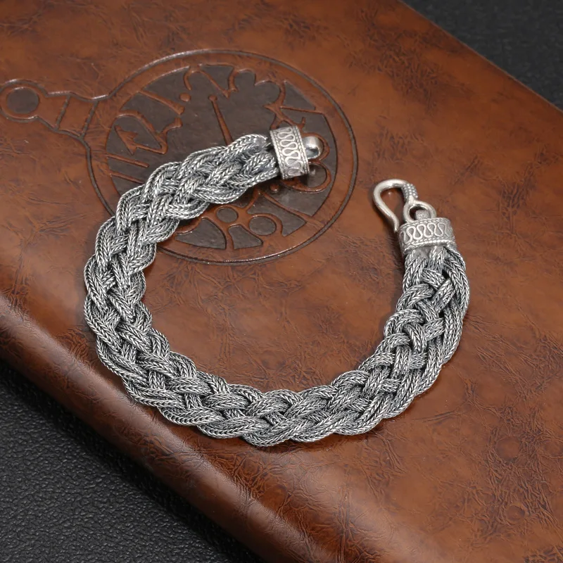 BOCAI S925 Sterling Silver Bracelets for Women Men New Fashion Double Wires Weaven 13mm Horsewhip-chain  Jewelry