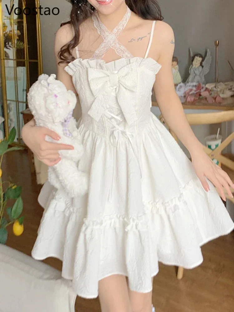 Summer White Strap Kawaii Lolita Dress Women Sexy Fairy Party Mini Dresses Casual Sweet Designer Bow Chic Korean Fashion Vestido