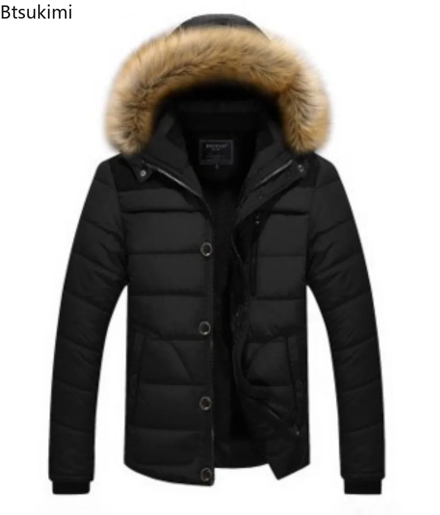 Solid Color Men's Parker Thicken Warm Coat Fashion Men's Fur Collar New Clothing Plus Size Waterproof Hooded Winter Parker Coat