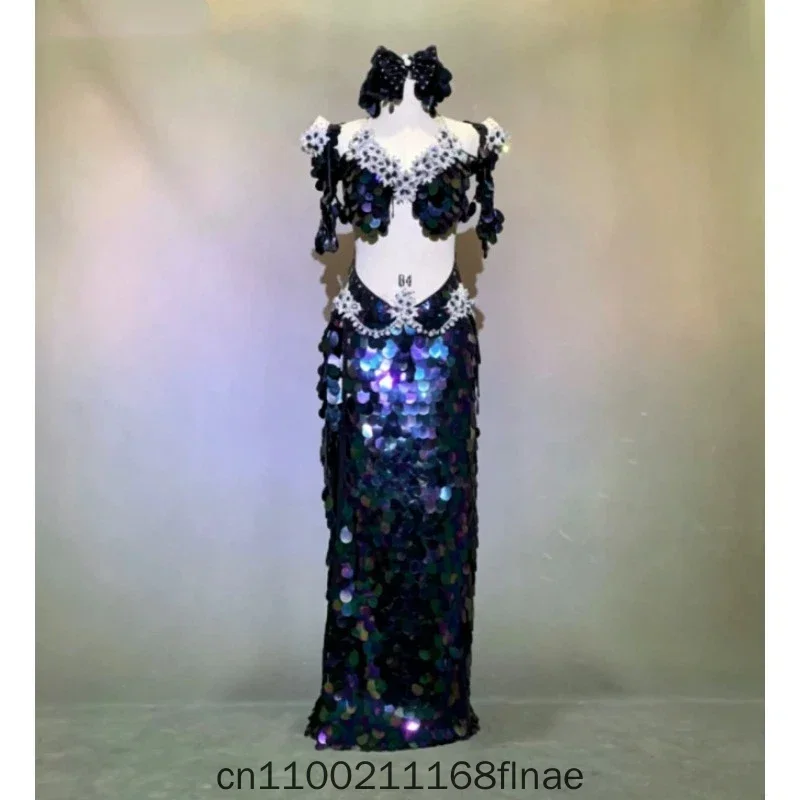 Belly Dance Costume Sequined Flash Film Robe Oriental Dance Outfit Women Folk Stage Performance Competition Professional Set