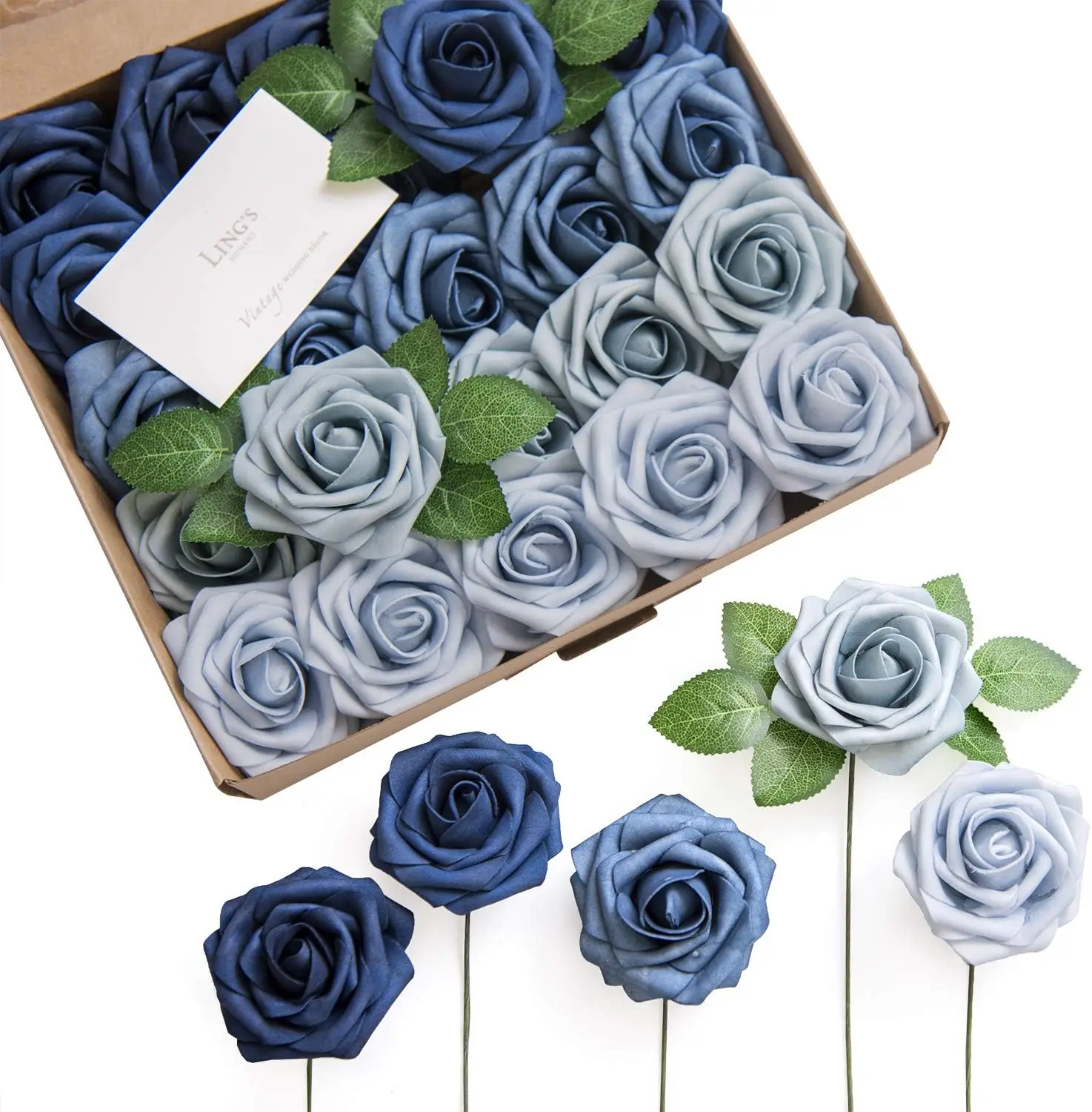 

50Pcs 3" Dusty Blue Roses, Realistic Foam Flowers for Wedding Bouquets, Centerpieces, Party Decorations