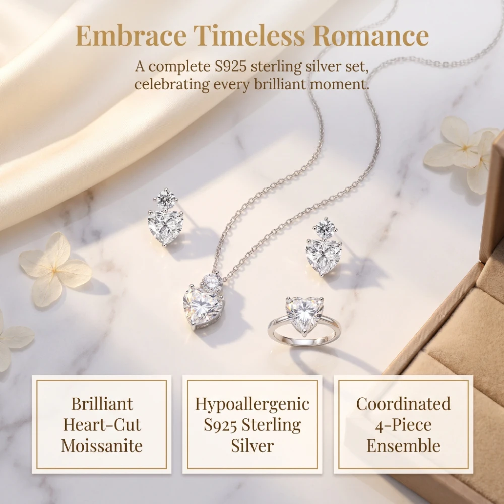 925 Pure Silver Luxury Color Gemstone Heart Small-Scale Exquisite Necklace and Earrings Zircon Jewelry Set