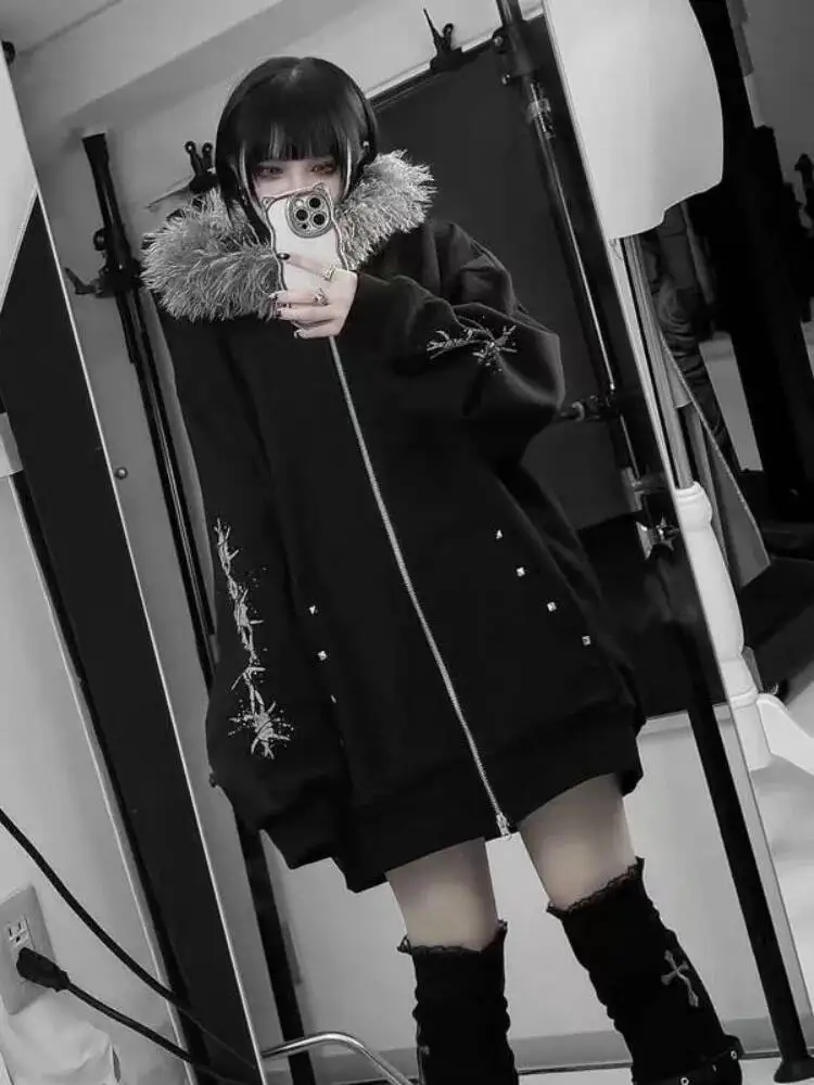 

Женские парки с меховым капюшоном, зимнее пальто 2025, унисекс, Y2K, готическая темная ретро-толстовка с капюшоном, воротник из искусственного меха, свободный кардиган с флисовой подкладкой с принтом