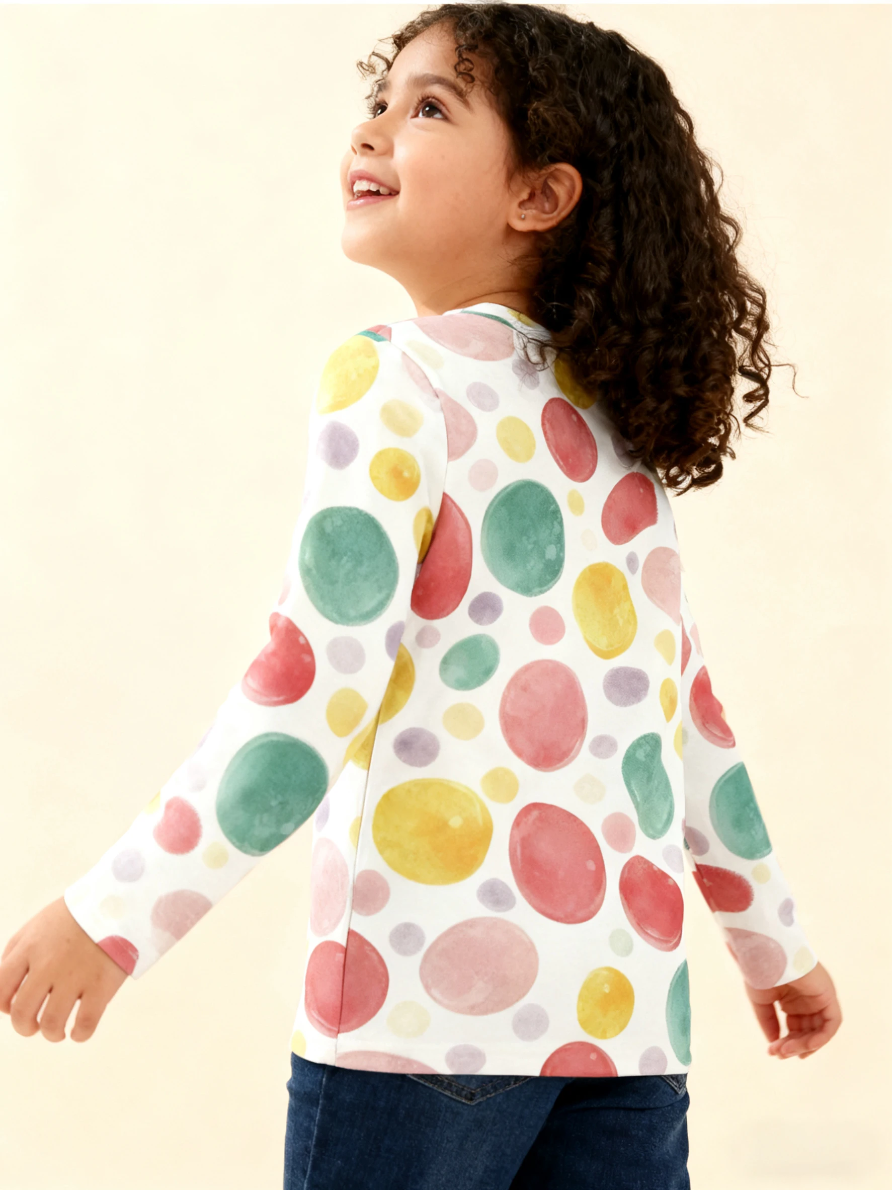 Vibrant watercolor polka dot children's long sleeves, cute pattern, soft touch