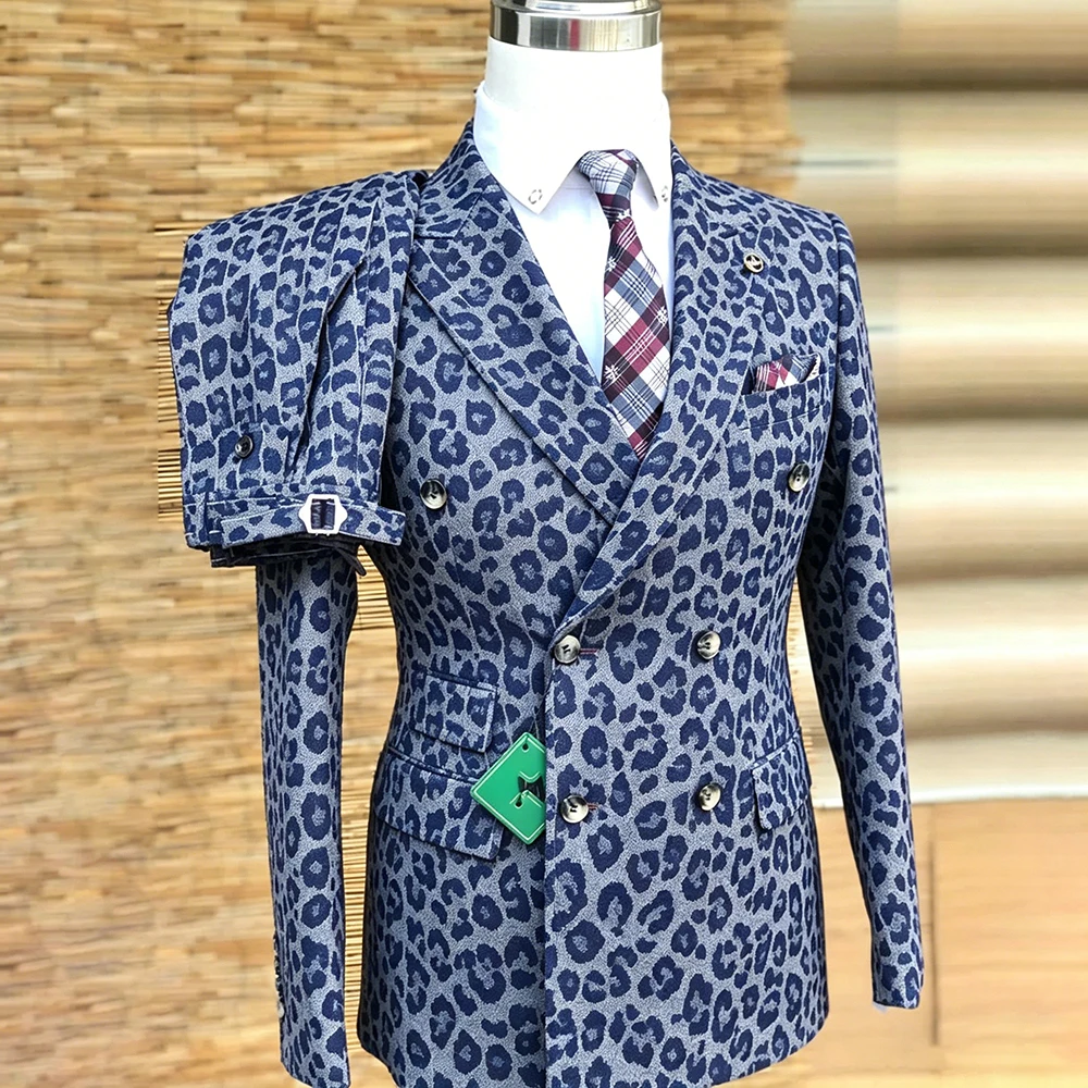 

Men Blue Leopard Double Breasted Suit 3 Piece Formal Wedding Party Prom Blazer Vest Pants Set Luxury Casual Gentleman Tuxedo