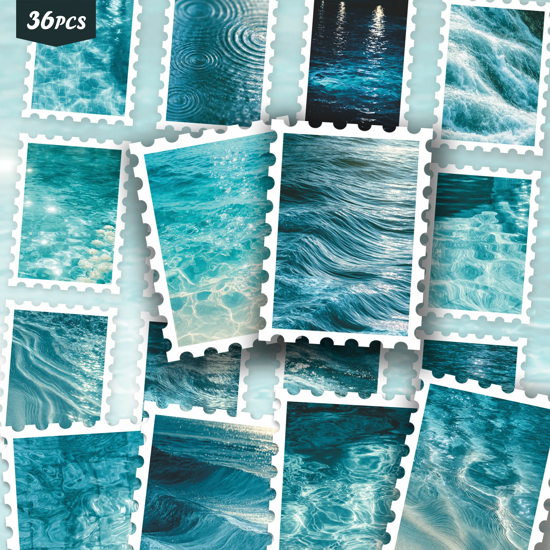36PCS Aqua Wave Texture Art Stickers, assorted shimmering blue water ripple patterns with cool teal tones, calm tranquil vibe, p