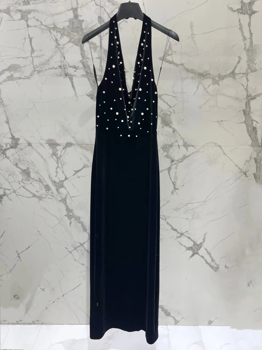 Women Velvet Halter Maxi Dress Pearl Beaded Deep V Neck Sleeveless