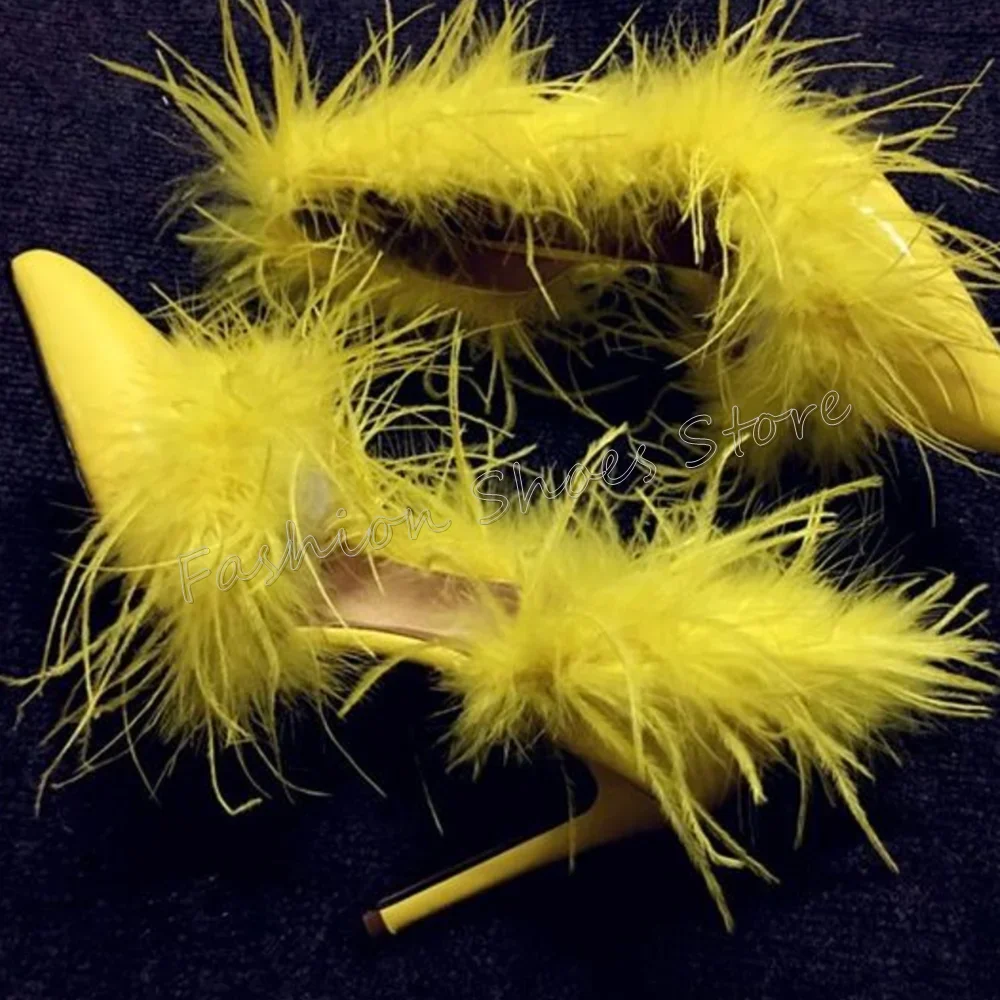 

Yellow Feather Decor Pointed Toe Pumps Stilettos High Heels High Heel Shoes for Women Fashion Heels 2025 New Zapatos Para Mujere