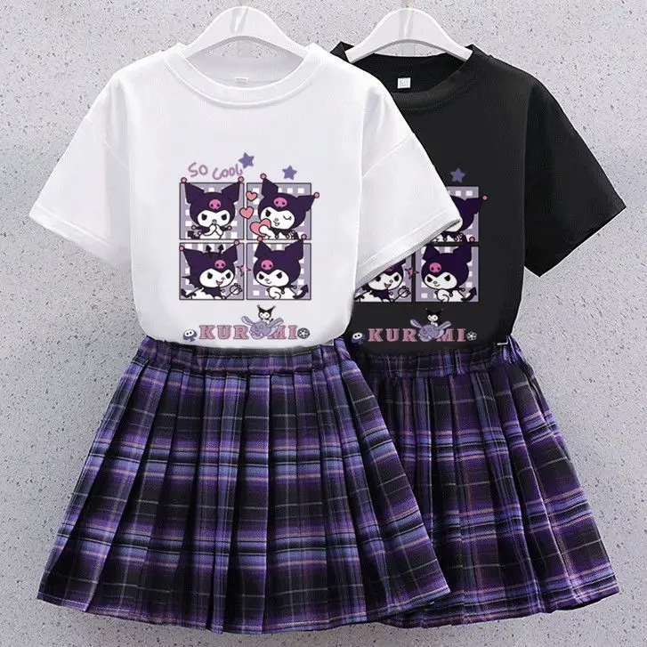 

Kawaii Kuromi Girls T-Shirt Jk Set Anime Sanrio cinnamoroll Children Short-Sleeved Pleated Skirt Two-Piece Set Birthday Gift