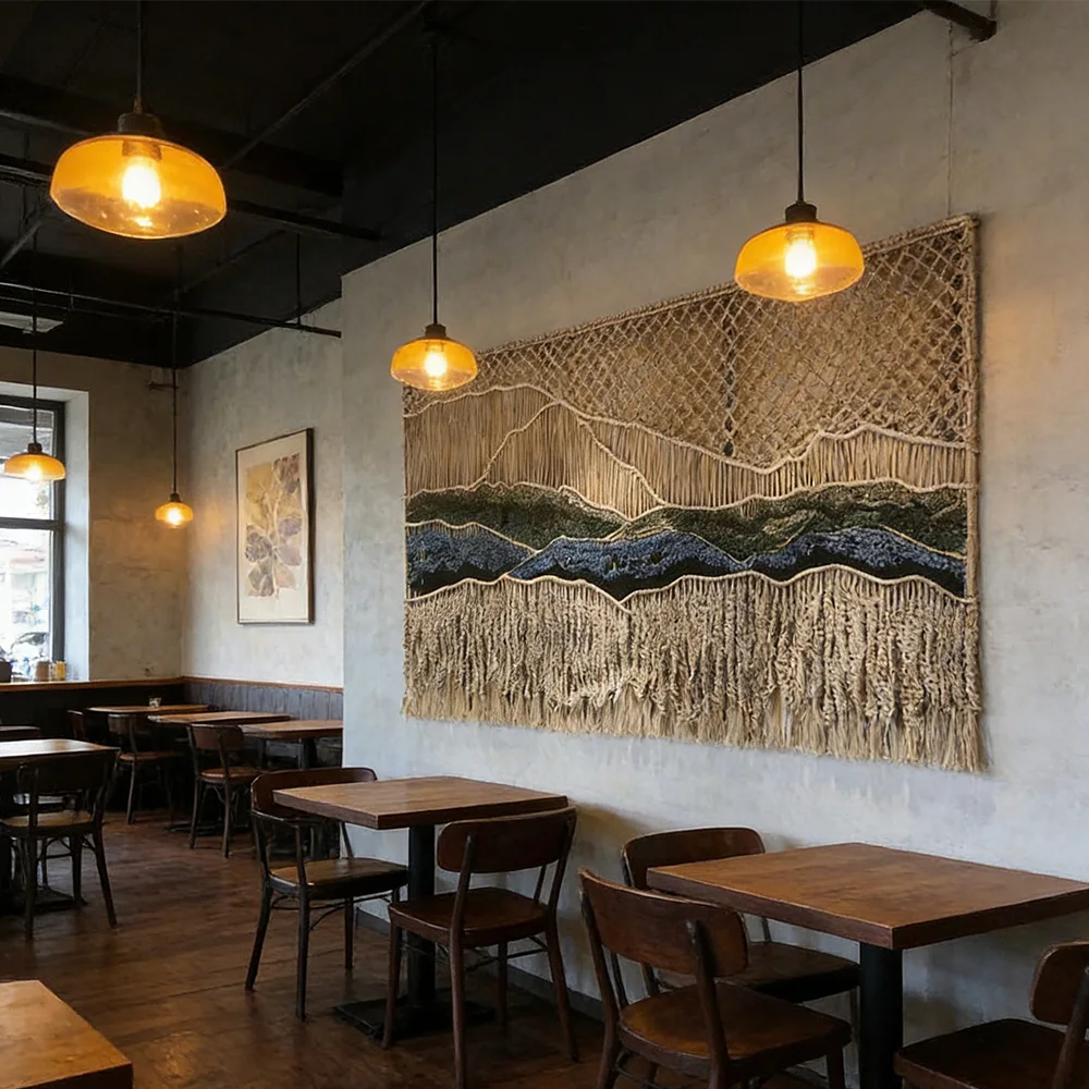 Oversized Landscape Macrame Wall Hanging with Fringe for Hotel Lobby &  Commercial Spaces