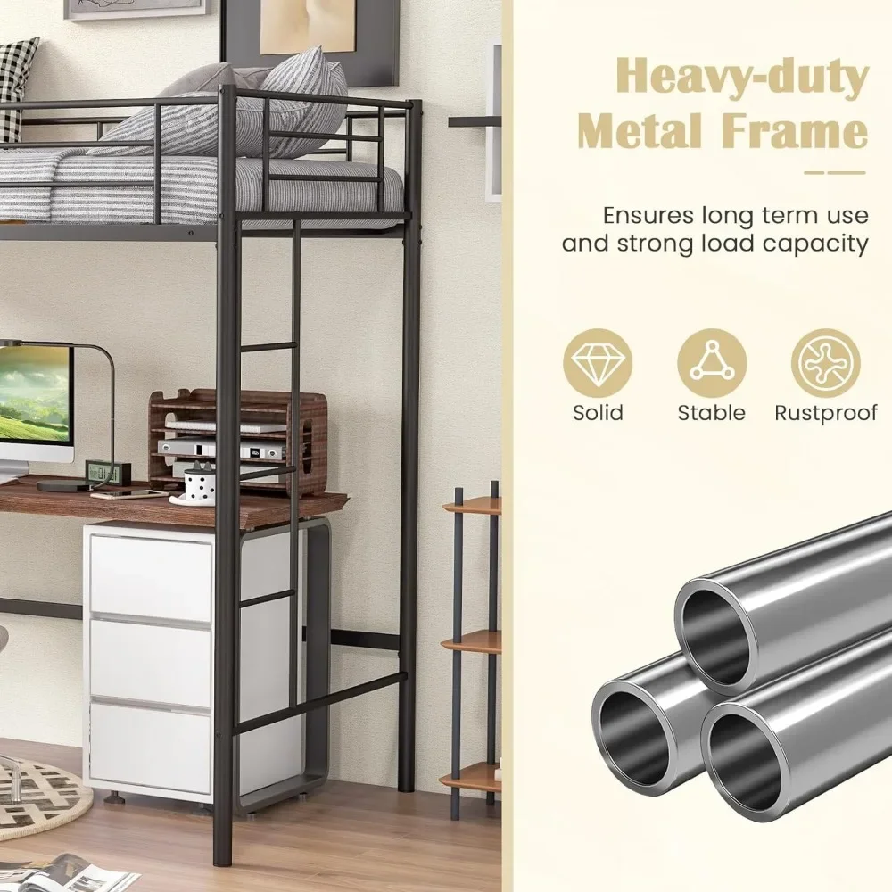 Cama de Metal para Loft de tamaño doble, marco de cama para Loft de Metal resistente con escaleras dobles y barandilla de seguridad, No se necesita resorte de caja (negro)