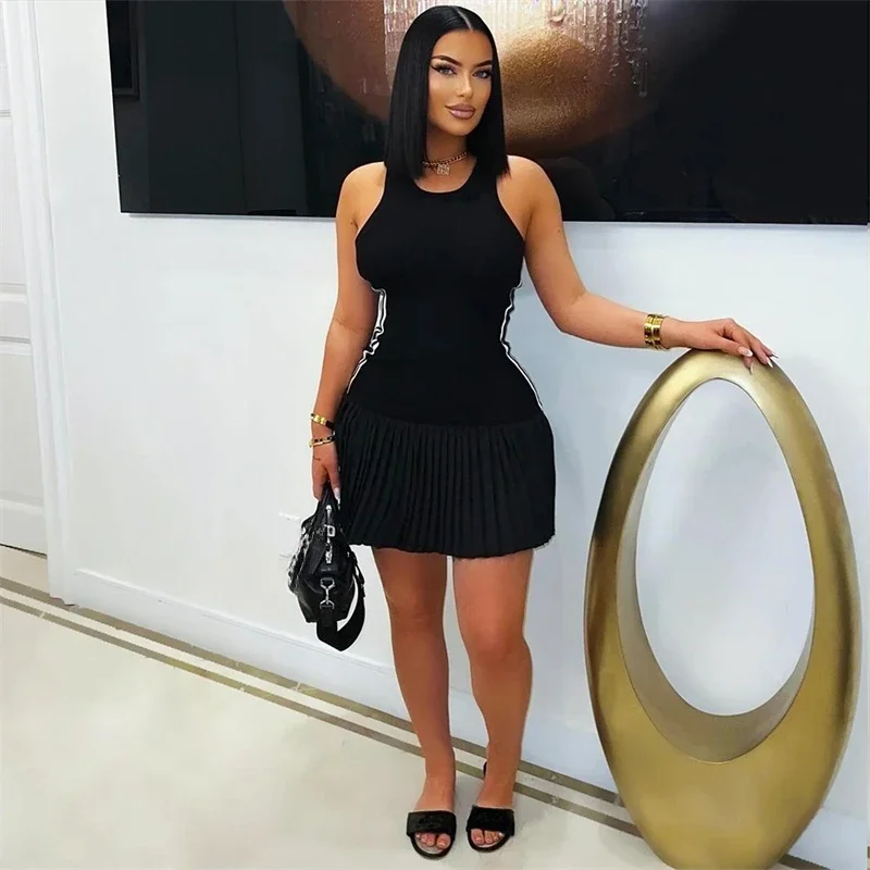 Casual de malha verão plissado a linha mini vestido mulher sem mangas o pescoço fino lado listrado elástico festa clube vestidos streetwear