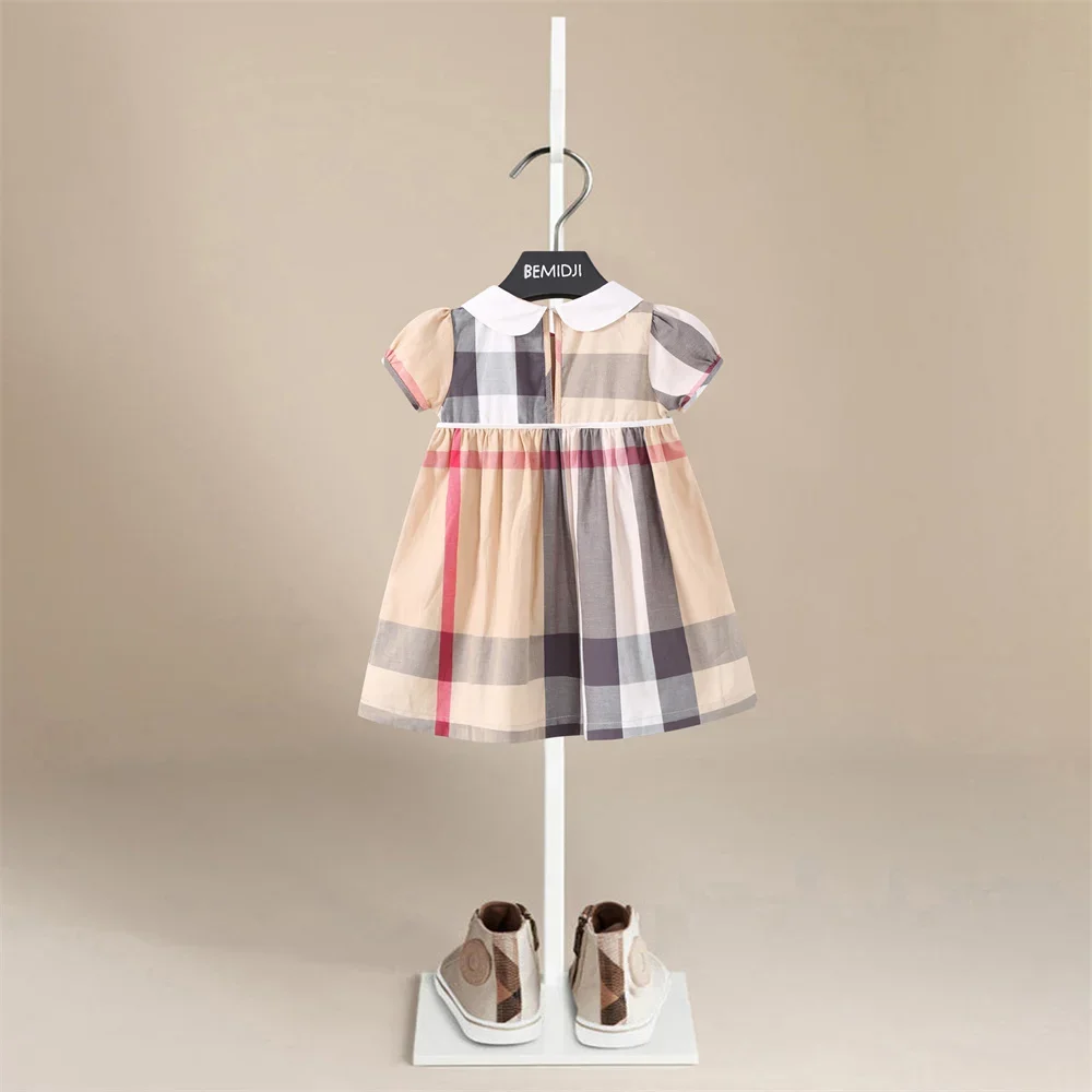 Brand Kids Baby Party Dresses for Toddler Girls Age 2-8yrs Princess Summer Designer Plaid High Quality Luxury Children Clothes