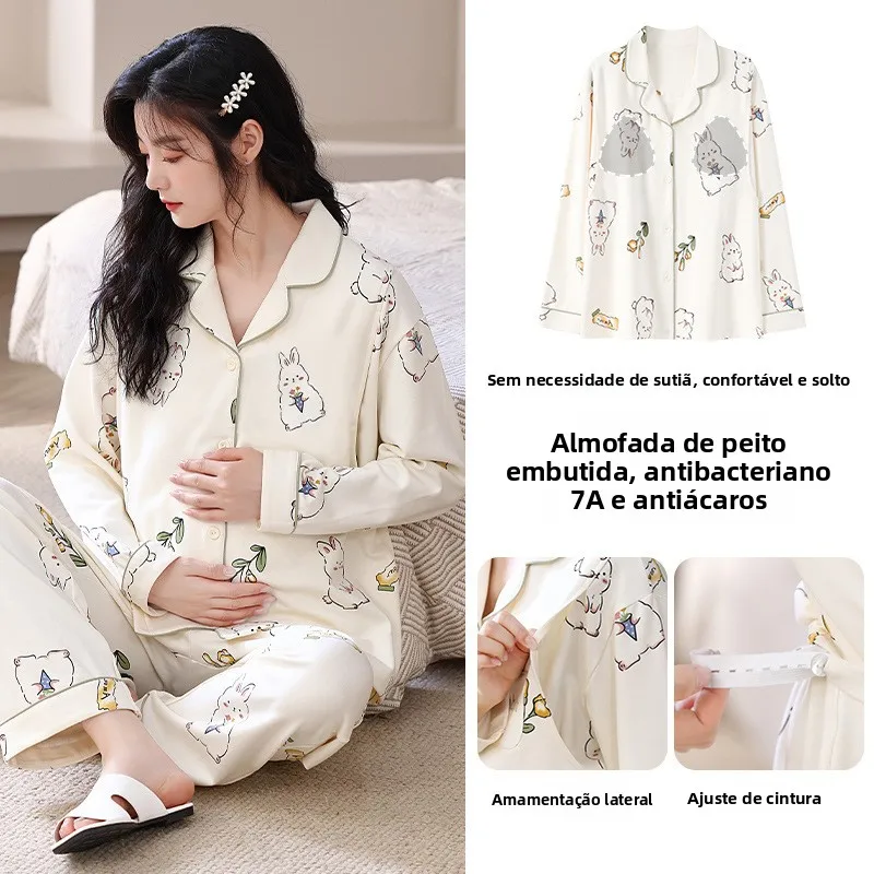 chemise-de-nuit-de-maternite-en-coton-pur-avec-coussinet-de-poitrine-motif-printemps-automne-vetement-de-nuit-d'allaitement-nouveau-style-confortable-pour-dames-a-la-maison