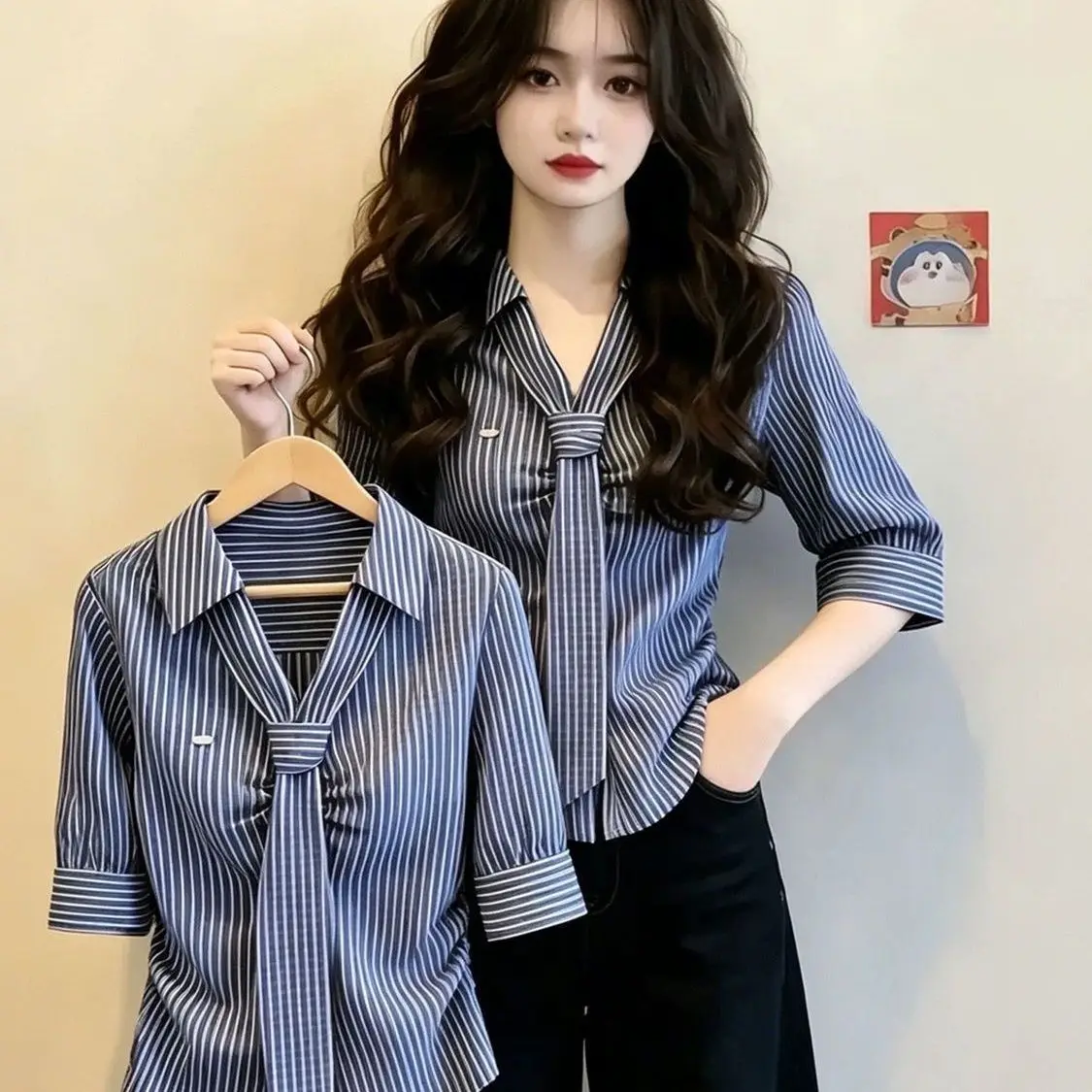 

Fashion Shirt Women New Design Jacket Summer 2026 Lapel Frenulum Striped Coat Joker Top Temperament Outerwear Slim Female Blouse