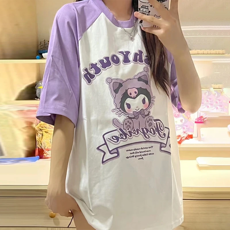 

Sanrio Melody Graphic T Shirts Kawaii Clothes Cartoon Kuromi Raglan Short Sleeve Tshirt Girl Summer Loose Original Sweet Y2k Top