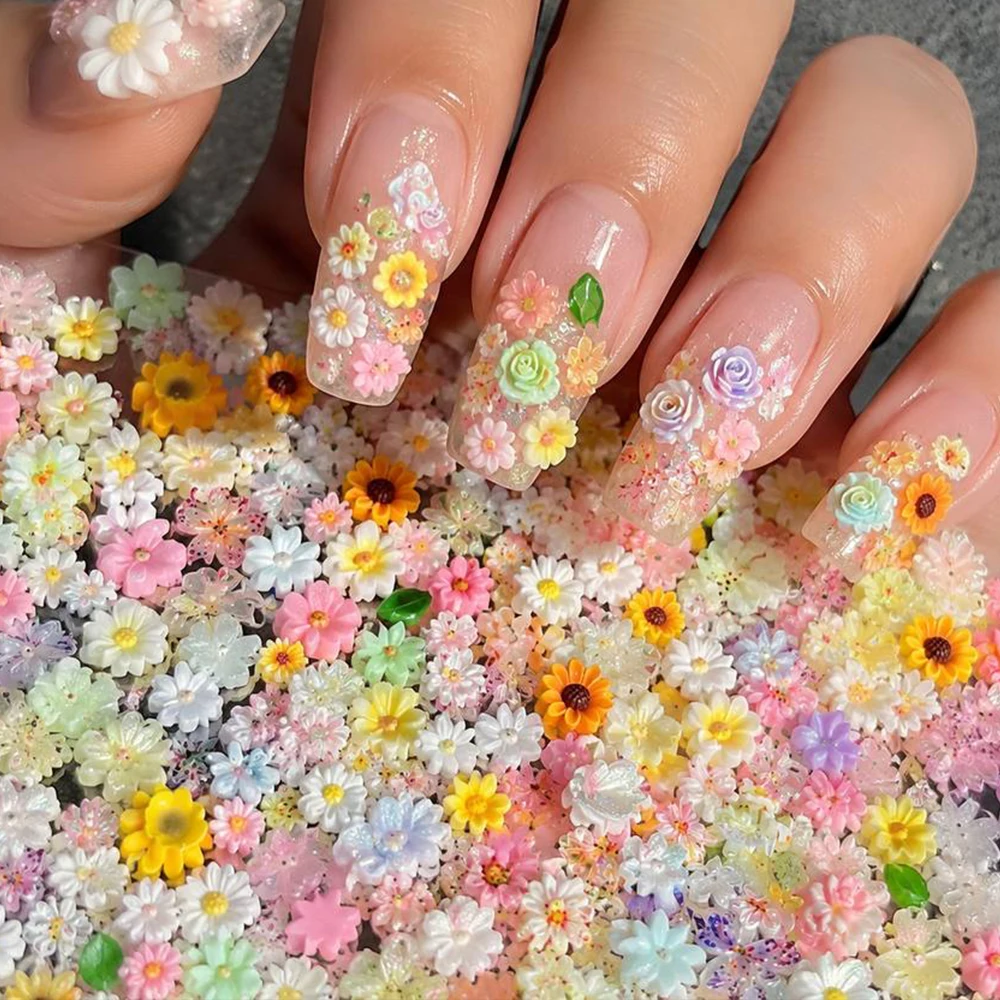 50Pcs Summer Tropical Resin Flower Nail Charms Multi-Shape Floral Nail Embellishments Beach Nail Design