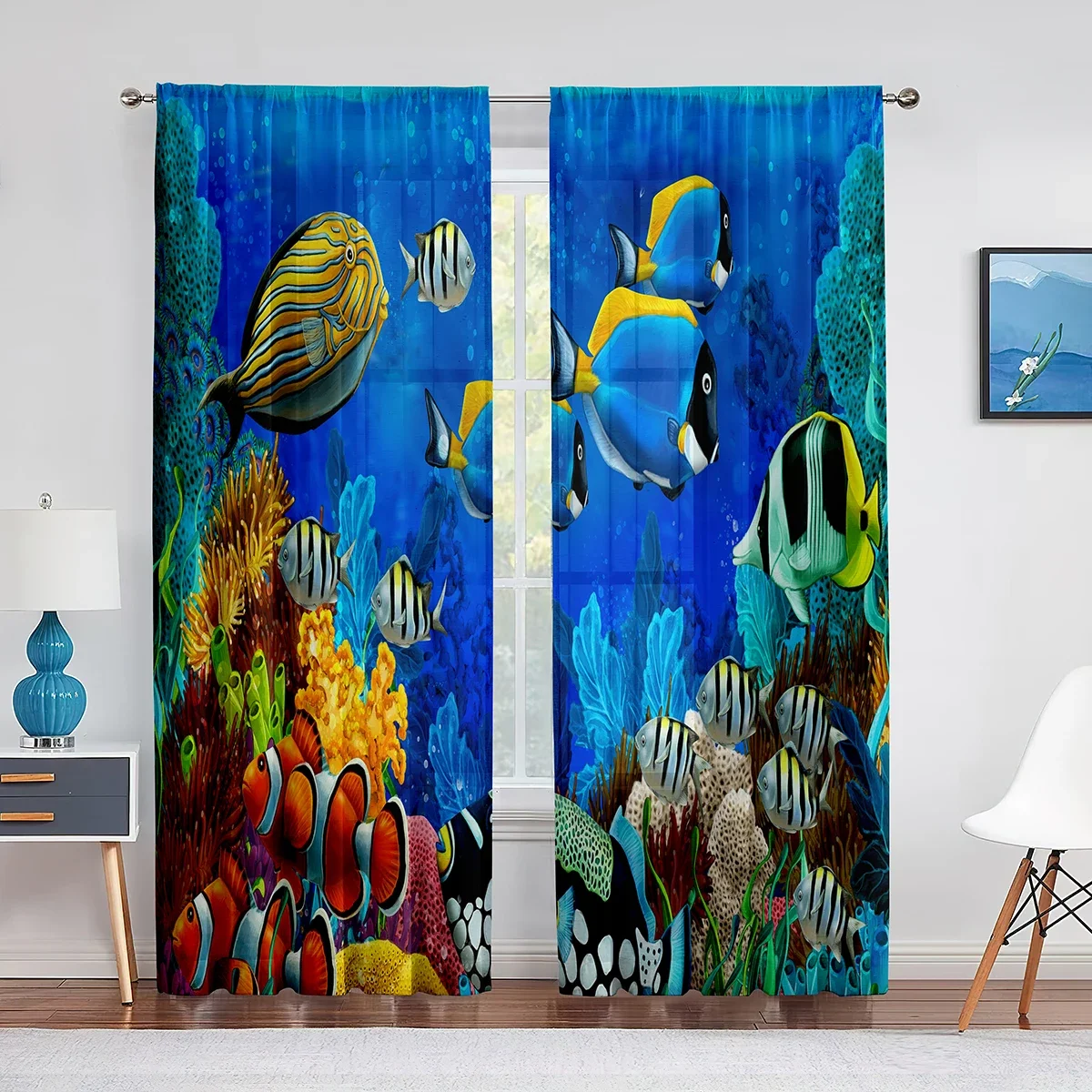 Ocean Underwater World Tulle Voile Curtains Tropical Fishes Shark Coral In The Deep Sea Sheer Curtain for Living Room Bedroom