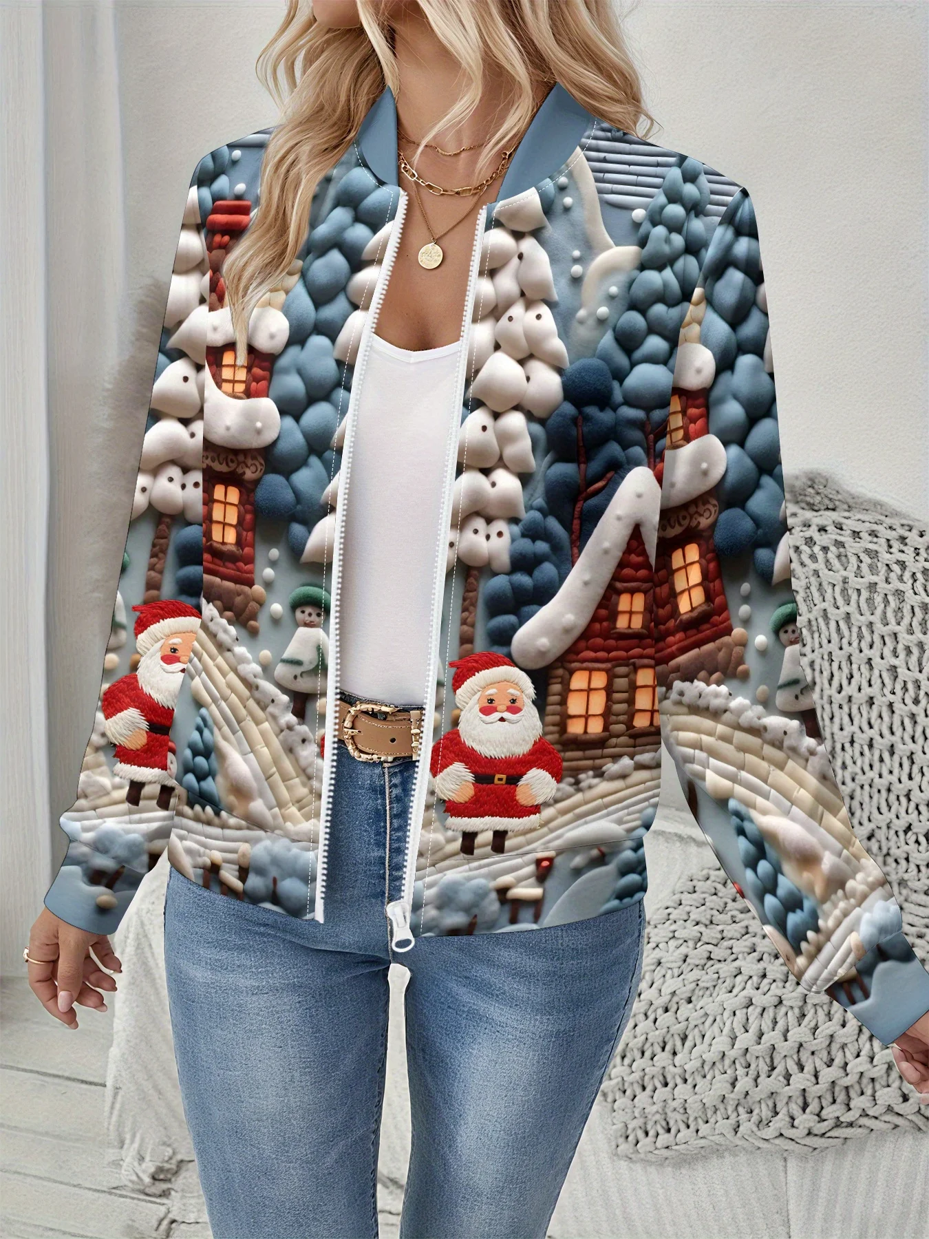 

Женская куртка с рождественским принтом, дизайн кабины Санта-Снеговика, пальто на молнии спереди, праздничная одежда, которую можно стирать в машине