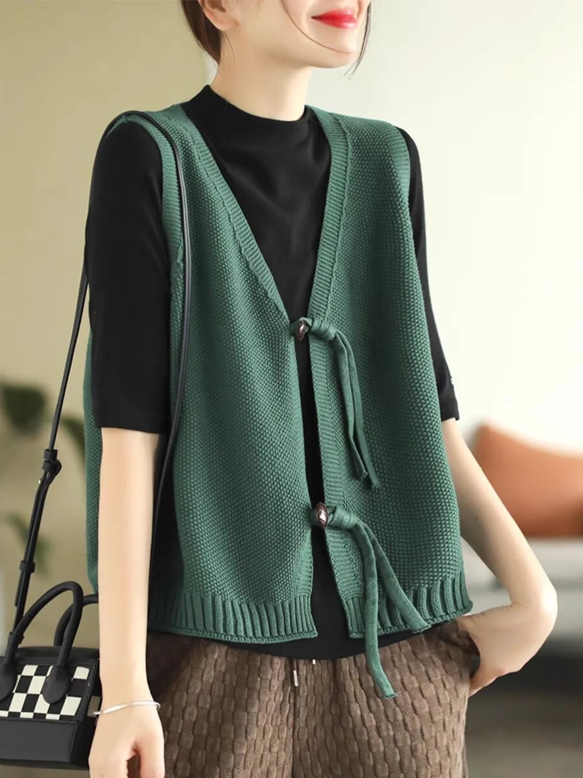 

Художественный винтажный вязаный жилет, женский открытый кардиган с v-образным вырезом, верхняя одежда для похудения, осенняя мода, для поездок на работу, Sle Другое 00%