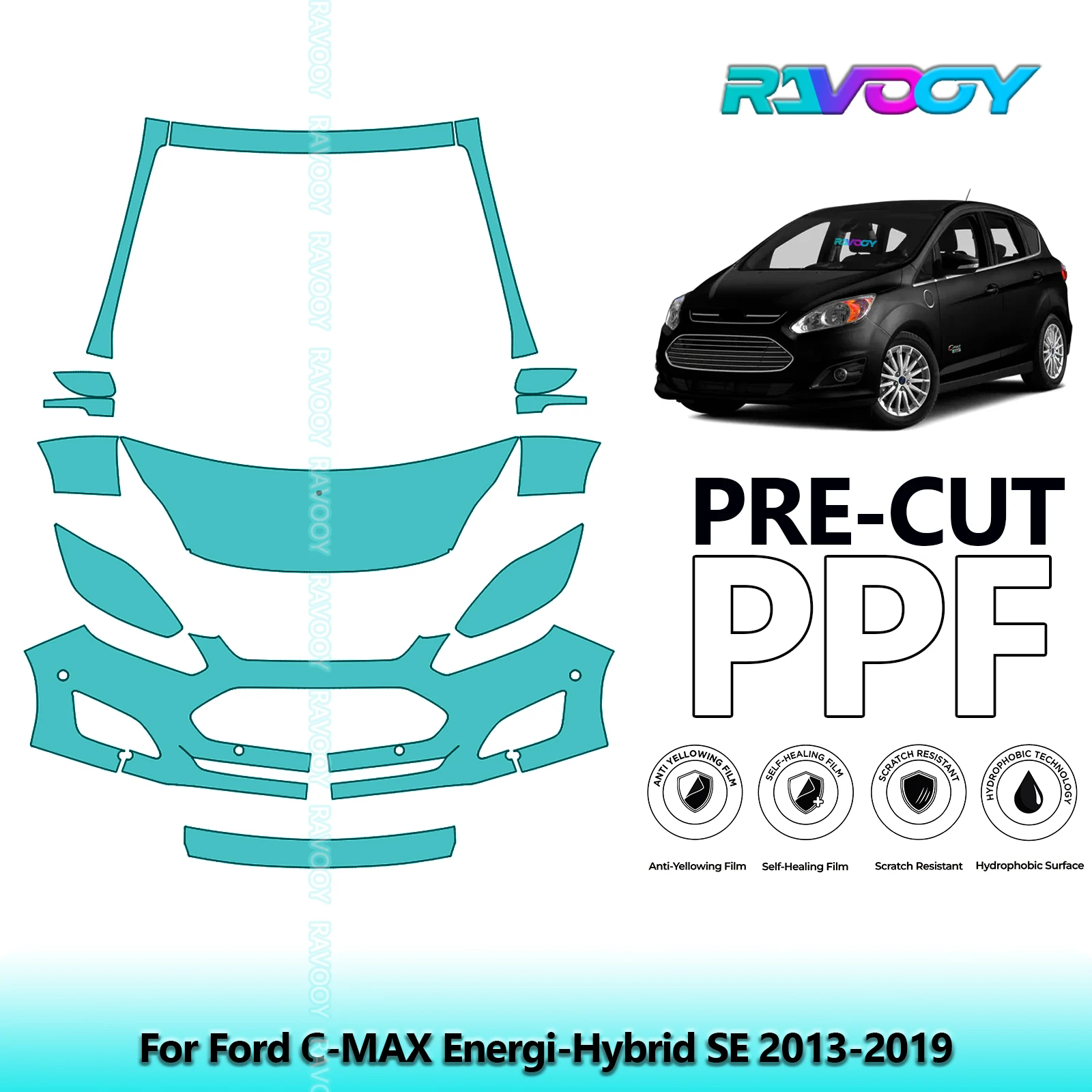 

8.5Mil Precut Paint Protection Film PPF Clear Bra Front Kit For Ford C-MAX Energi-Hybrid SE 2013-2019
