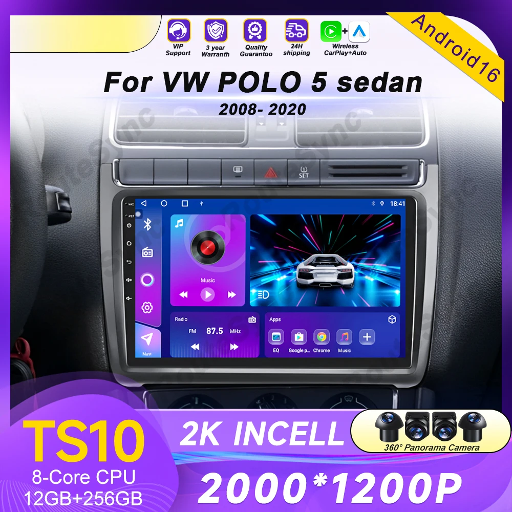 Car Radio Android 16 For Volkswagen VW polo 5 sedan 2008 - 2020 Multimedia Player Carplay Stereo GPS DVD Head Unit QLED No 2din