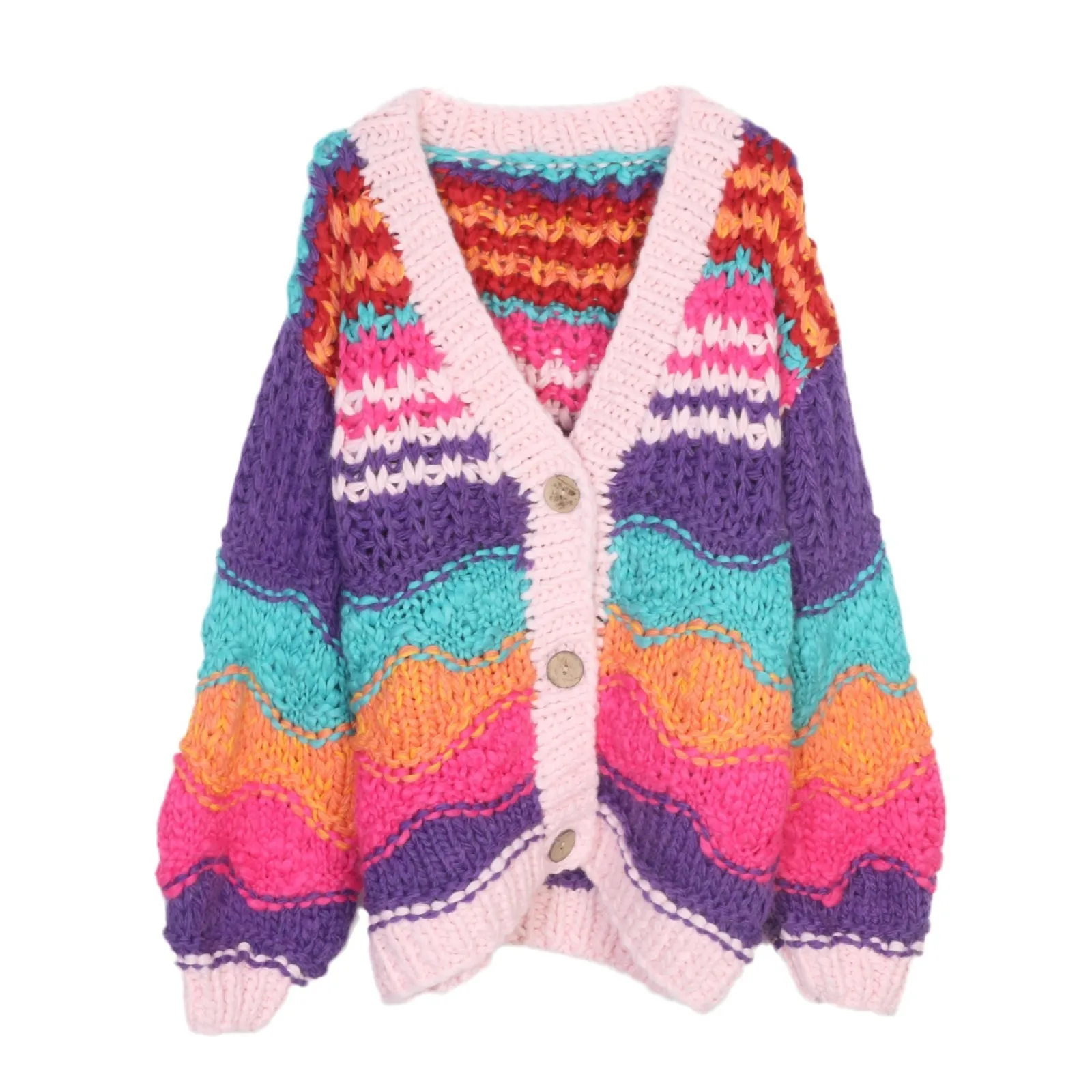 

TIYIHAILEY Knitting Coat Women Hand Made Autumn Winter Outerwear Full Sleeve Cardigan Loose Sweaters Single Breasted Rainbow