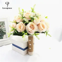 Holding Flowers Bridal Bouquet Artificial Pink White Champagne Natural Rose Wedding Bouquet Bridesmaid Bride Party Accessories