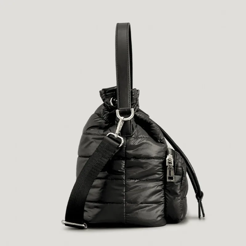 Saco de balde acolchoado de nylon para mulheres, bolsa de ombro acolchoada, algodão luxuoso, sacola casual de inverno, moda designer, nova chegada