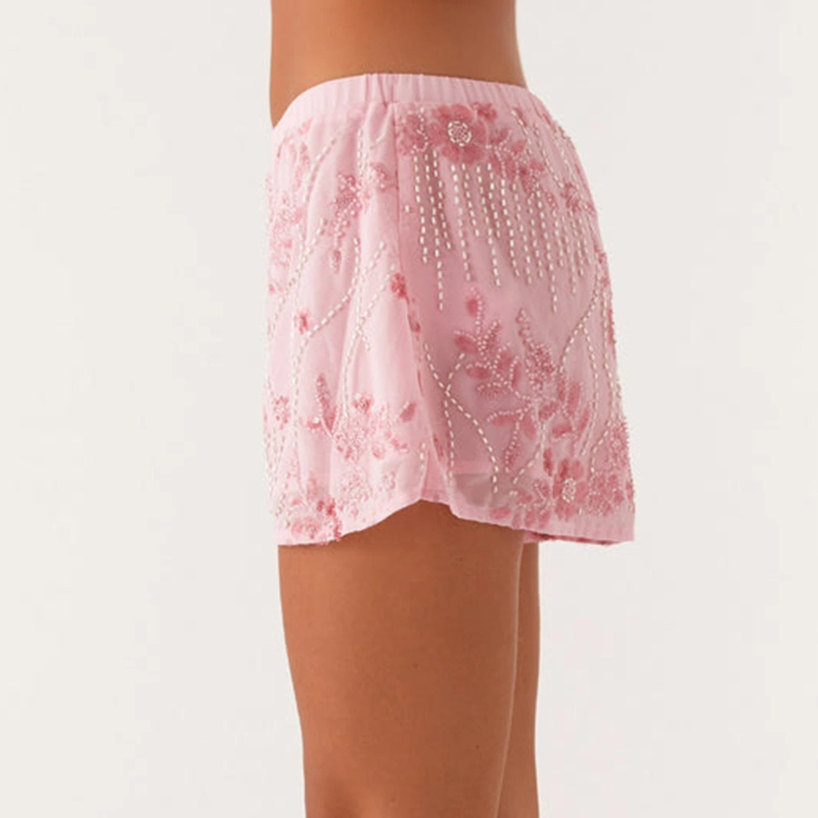 2025 Women Y2K Sequin Mini Shorts Beaded Flower Elastic Waist Casual Loose Fitting  Shorts Summer Streetwear