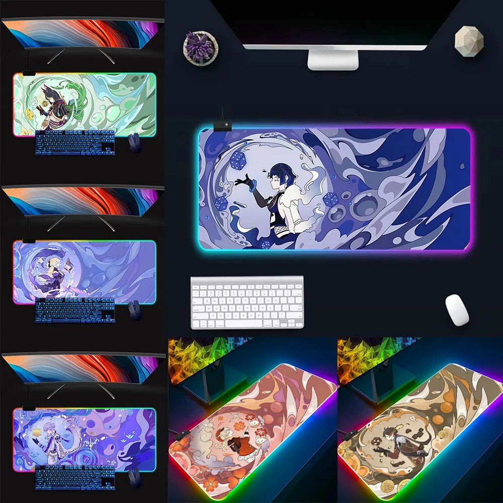 

Game Genshin Impact RGB Pc Gamer Keyboard Mouse Pad Mousepad LED Glowing Mouse Mats Rubber Gaming Computer Mausepad