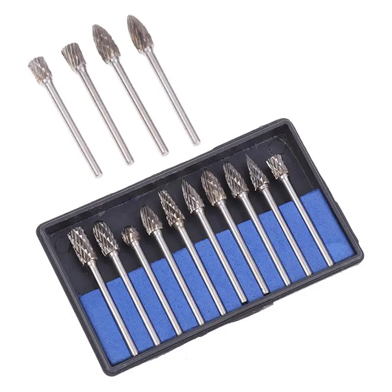 1Box/10pcs Tungsten Carbide Burr Kit Burr Rotary File Grinder Rotary Tool Rasp Bit For Woodworking Engraving Electric Grinding