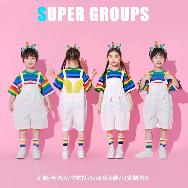 Rainbow Striped T-shirt with wing Overalls Child Performance Pantsuit for Kindergarten&Primary School Six-One Outfit Kids' Day