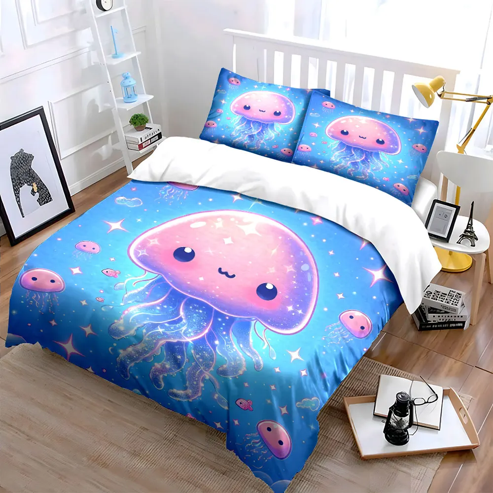 Cute pink jellyfish with sparkles Bedding Set for Kids Luxury Gift 3pcs Digital Print Comforter Set Soft Comfortable Breathable