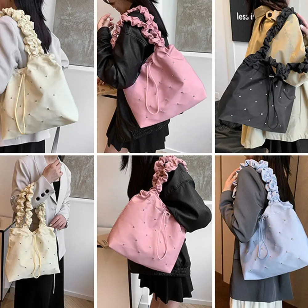 New Waterproof Drawstring Handbag Commuting Bag Large Capacity Inlaid Shoulder Bags Fashionable Elastic Pleated Handbags