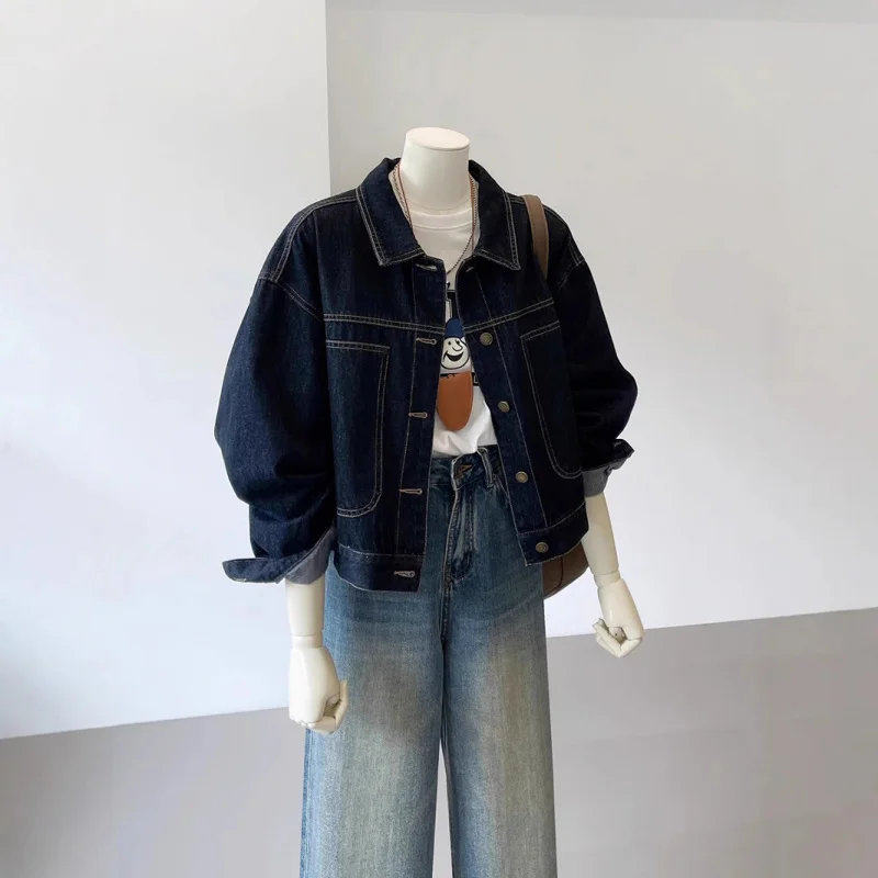 Mujer corta azul oscuro, estilo de ropa de trabajo, nueva versión coreana de otoño, diseño de bolsillo informal, Top