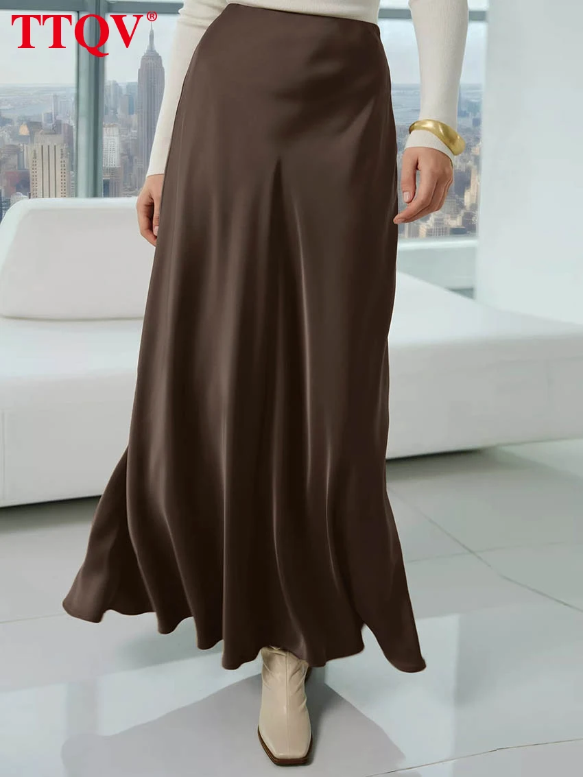 

Повседневная свободная черная атласная женская юбка TTQV 2026: модная длинная юбка с высокой талией, элегантная классическая однотонная юбка, женская одежда