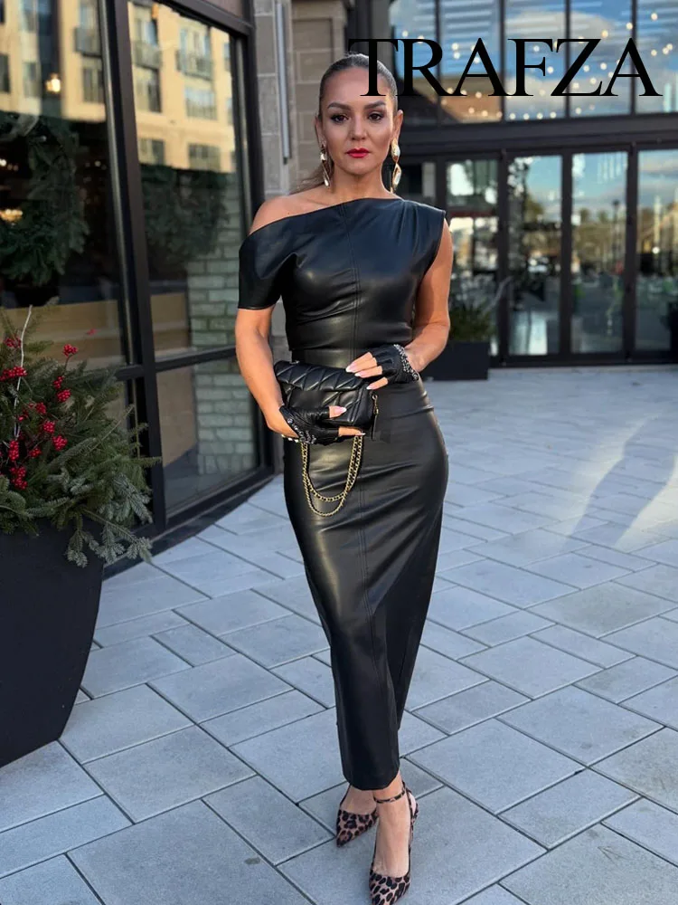 TRAFZA Women Summer Black Sleeveless Back Zipper Midi Dress Female Fashion Asymmetrical Slit Hem Folds Decorate Slim Party Dress