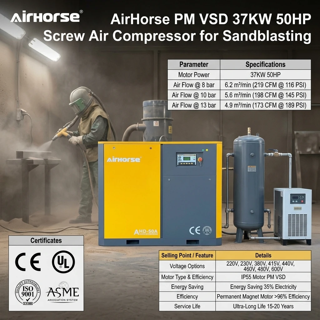 AirHorse Low Noise Industrial 220v 380v 460v 3 Phase PM VSD 37kw 50hp 8 bar 219 Cfm Rotary Screw air Compressor for Sandblasting