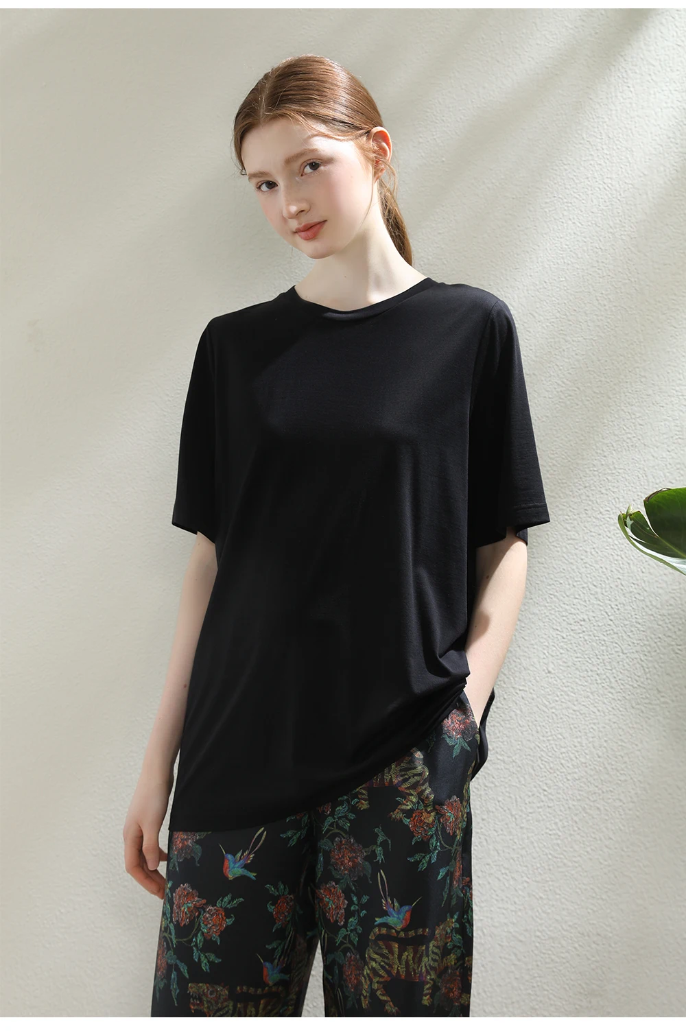 BirdTree, Real Silk Cotton Elegant T-Shirt For Women, Half Sleeve O Neck, Casual Loose Tees, 2024 Spring Summer Top T44345QM