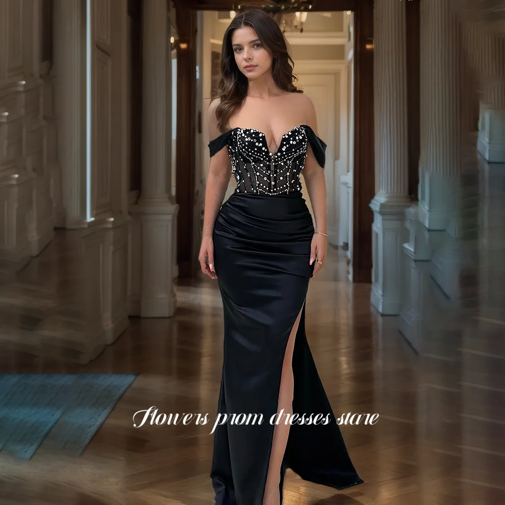 

Flowers Beaded Party Dress Mermaid Evening Dress with High Slit Off Shoulder Celebrity Dresses for Women Customized