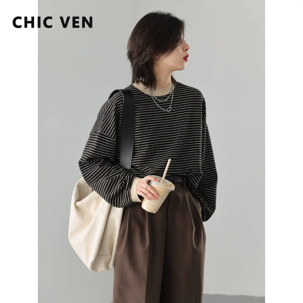 CHIC VEN Women\'s T-Shirts Korean Unisex Boyfriend Round Neck Thin Stripe Knit Shirt Long Sleeve Woman Tops Autumn 2022