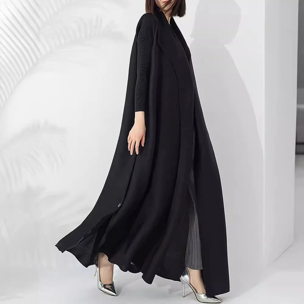 

Miyake Folds Dress 2025 Summer New Temperament Fashion Long Trench Coat Long Sleeve Lapel Waist Strap Elastic Outer Robe