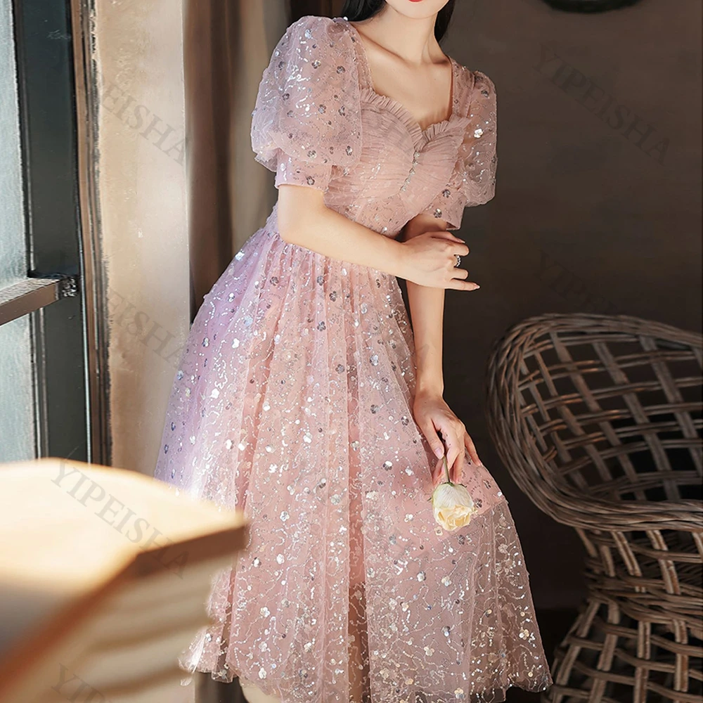 Customized Sweet A-Line Prom Gown V-Neck Short Sleeve Beading Sequin Lace Tea-Length Evning Dress Tulle Princess Es Campus Party